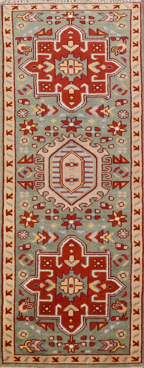 Green Geometric Khotan Indian Runner Rug 3x8