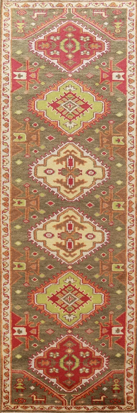 Green Wool Kazak Indian Runner Rug 3x10