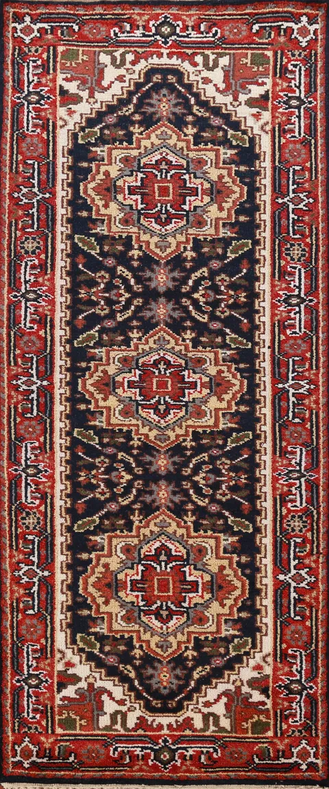 Navy Blue Heriz Serapi Indian Runner Rug 3x8