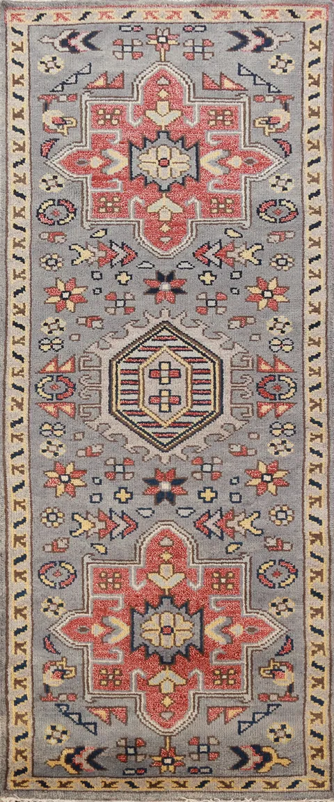 Gray Geometric Heriz Serapi Indian Runner Rug 3x8
