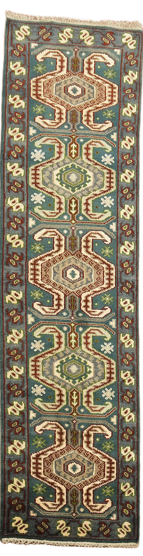 Teal Blue Geometric Kazak Indian Runner Rug 3x10