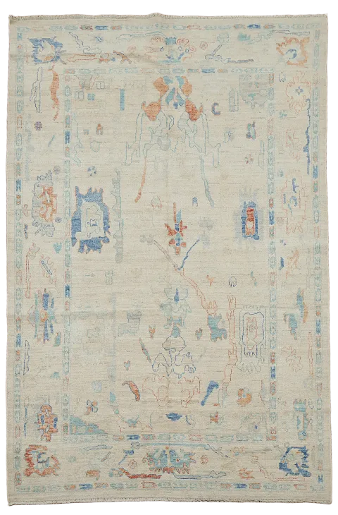 Pastel Toned Oushak Turkish Area Rug Featuring Vintage Oriental Design