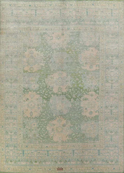 Vegetable Dye Green Oushak Turkish Area Rug 9x12