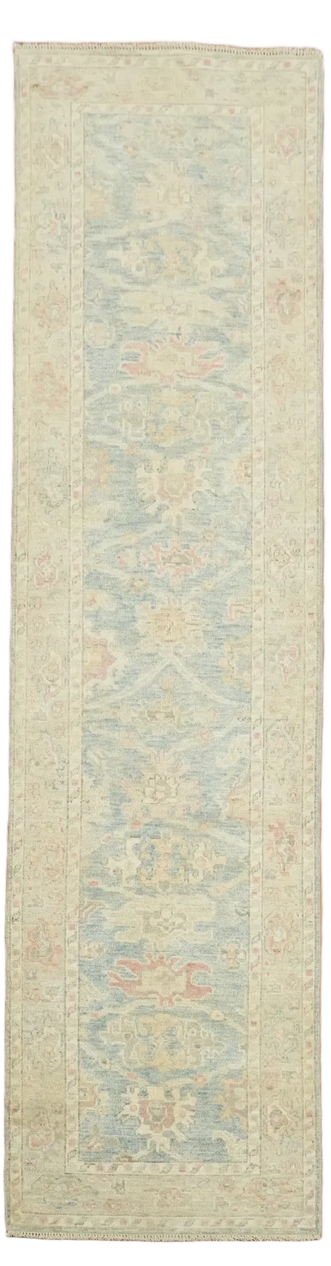Vegetable Dye Muted Blue Oushak Turkish Runner Rug 3'x11'