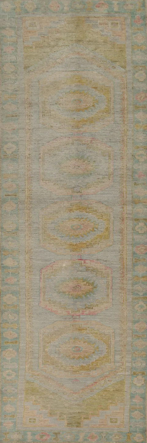 Vegetable Dye Geometric Oushak Turkish Runner Rug 3x12