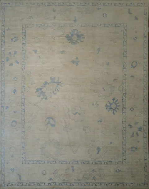 Vegetable Dye Beige and Blue Muted Oushak Turkish Area Rug 8x10