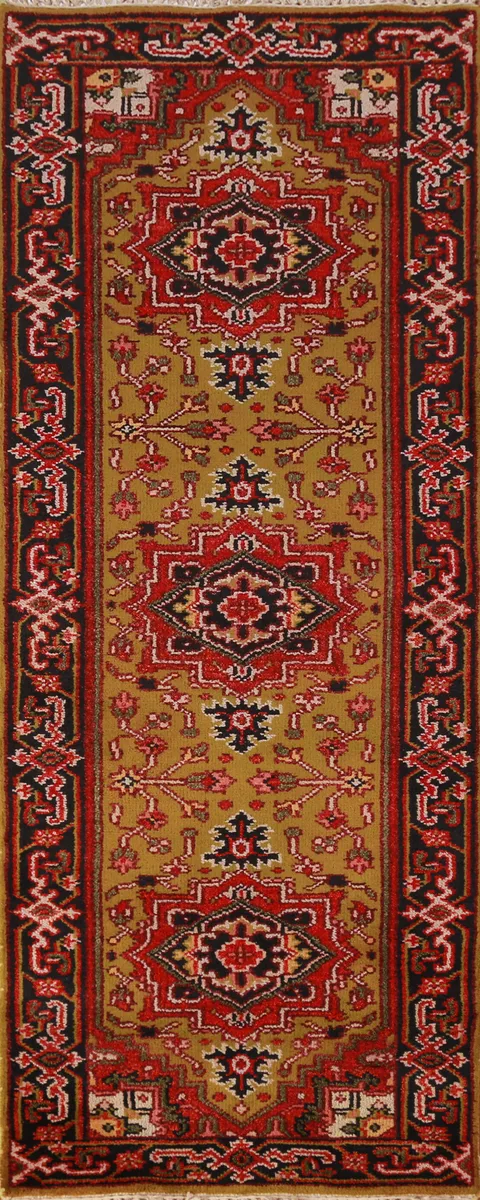 Gold Geometric Heriz Serapi Oriental Runner Rug 3x8