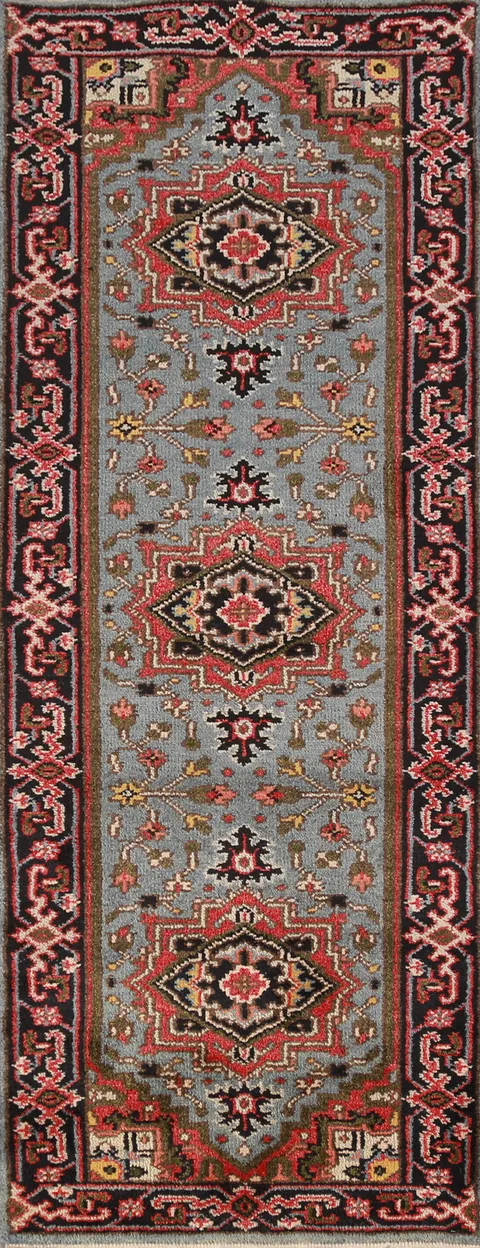 Blue Geometric Heriz Serapi Oriental Runner Rug 3x8