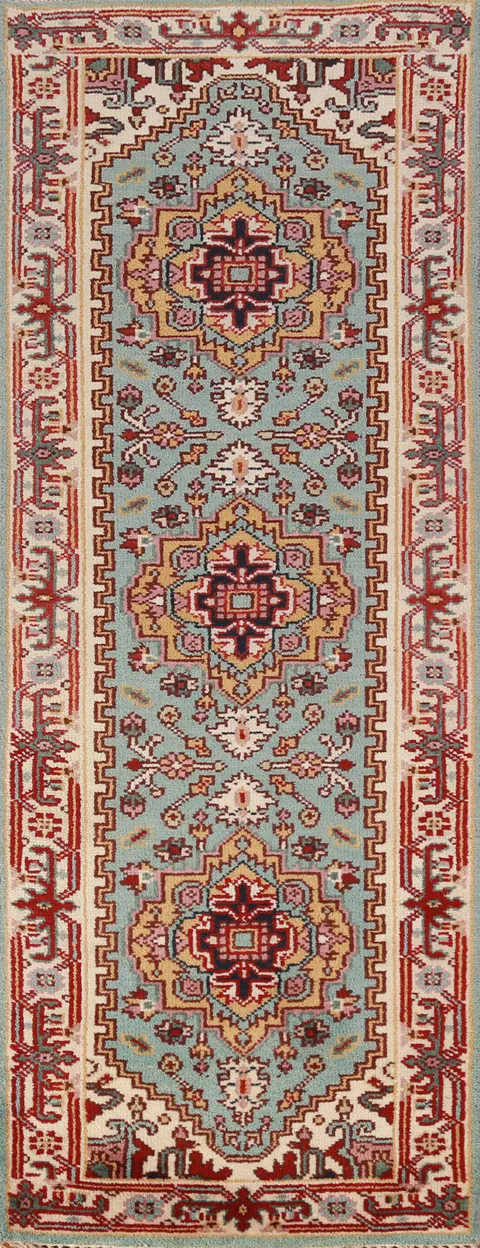 Light Blue Heriz Serapi Oriental Runner Rug 3x8