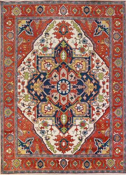 Ivory & Orange Medallion Heriz Serapi Indian Area Rug 9x12