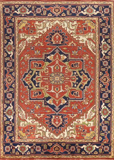 Orange Wool Medallion Heriz Serapi Indian Area Rug 9x12