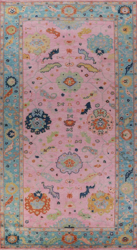 Pink & Blue Floral Oushak Indian Large Rug 8x16
