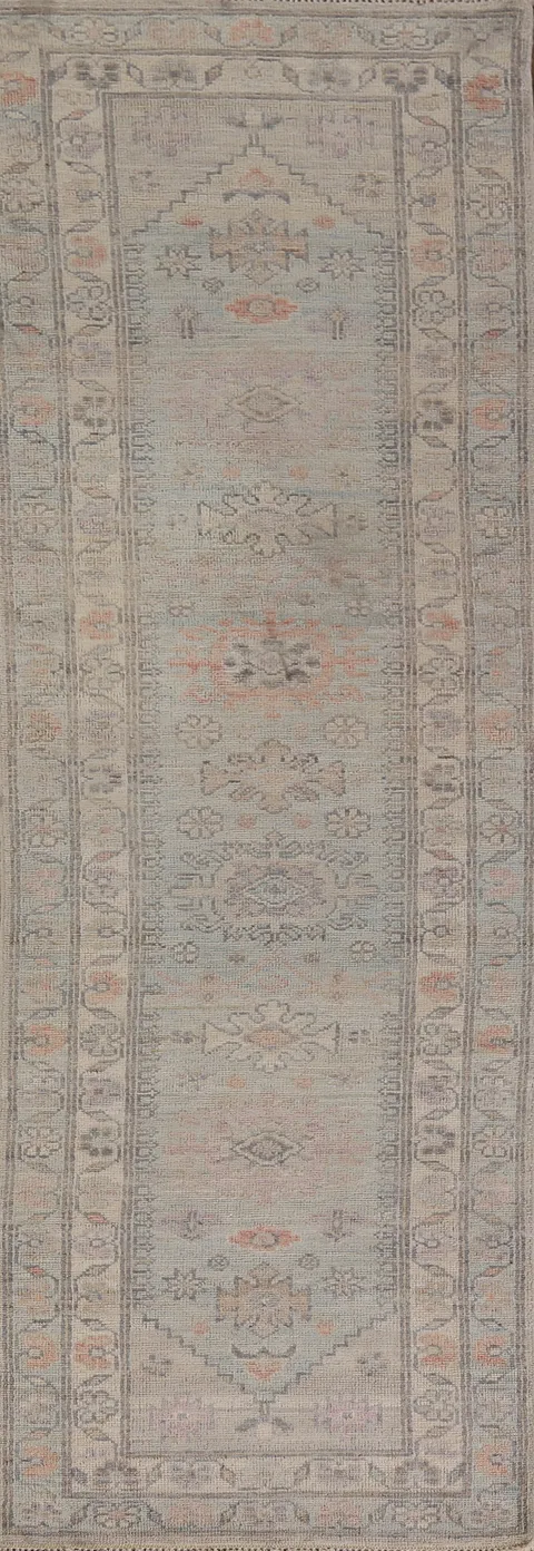 Muted Blue Geometric Oushak Turkish Runner Rug 2x9