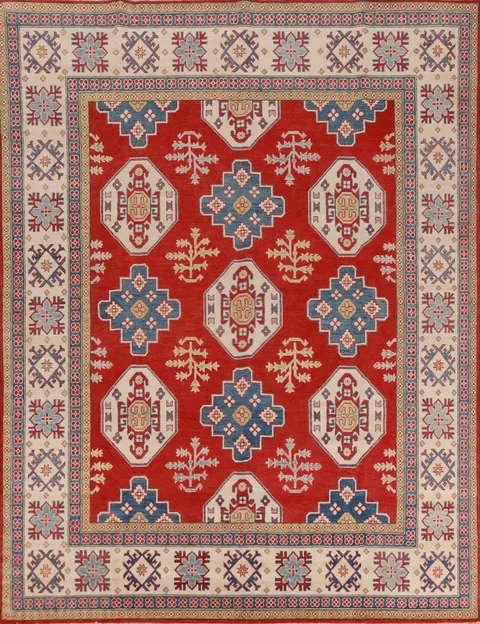 All-Over Geometric Wool Kazak Vegetable Dye Area Rug 8x10