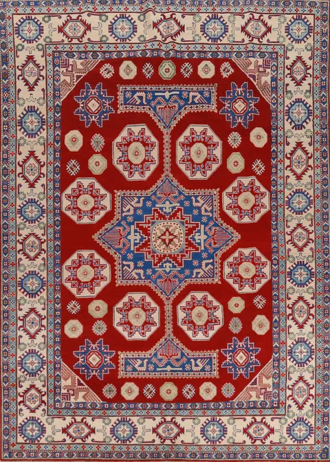Red Geometric Wool Kazak Oriental Area Rug 8x11