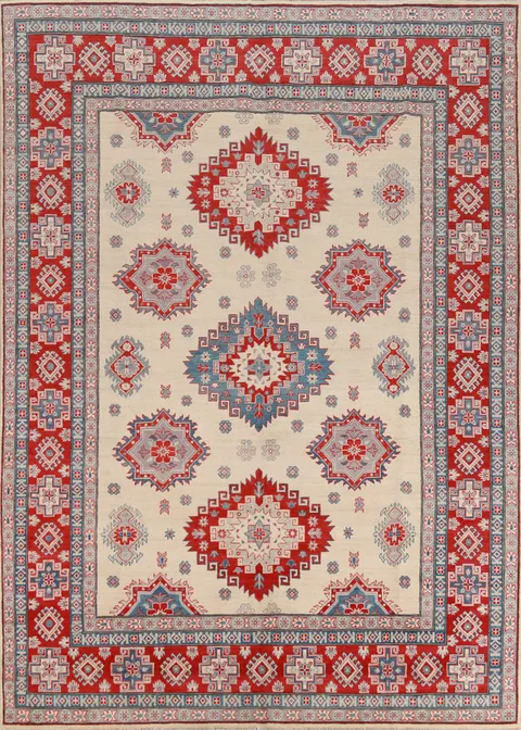 Vegetable Dye Ivory Wool Kazak Oriental Area Rug 8x11