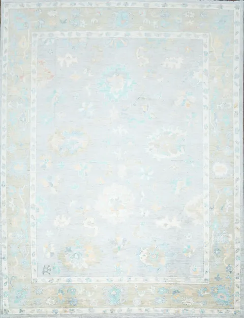 Pastel Floral Muted Grey Vegetable Dye Oushak Turkish Rug 9x12