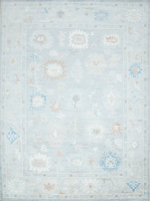 Soft Gray Blue Oushak Turkish Living Room Rug