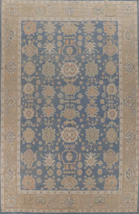Floral Blue Oushak Vegetable Dye Large Rug 10x15
