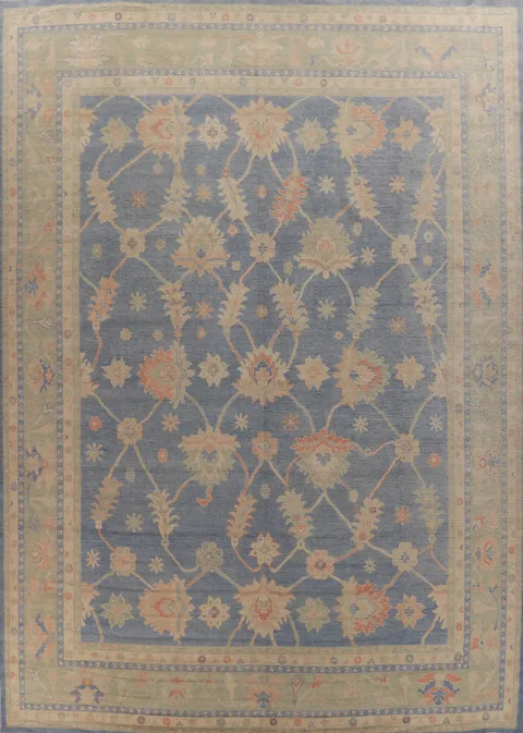Vegetable Dye Blue Oushak Turkish Large Rug 12x15
