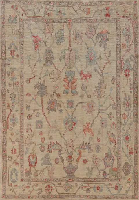 Vegetable Dye Floral Oushak Turkish Area Rug 6x9
