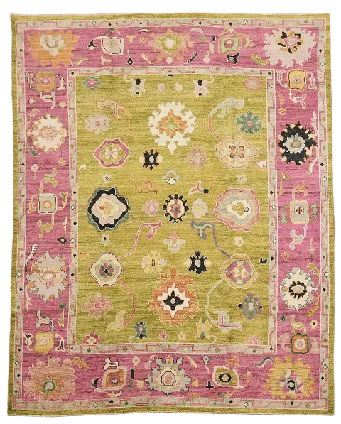 Vibrant Pink and Olive Green Oushak Turkish Rug with Playful Traditional Patterns 8x10 ft