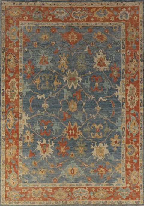 Handmade Blue Floral Oushak Vegetable Dye Area Rug 8x11