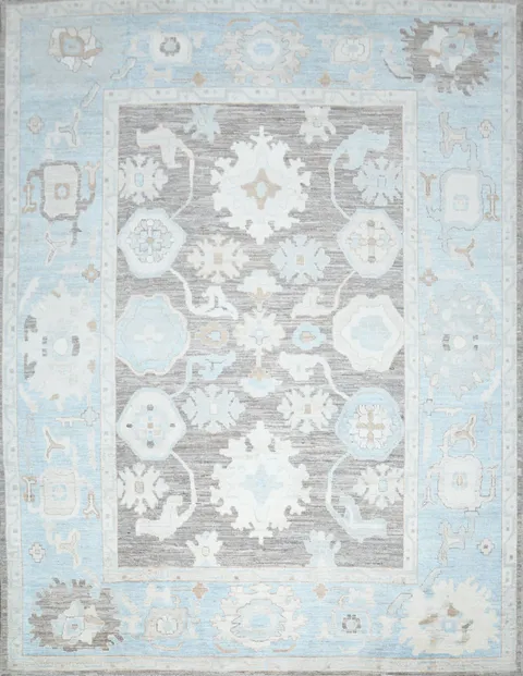 Vegetable Dye Brown and Blue Oushak Turkish Area Rug 9x12