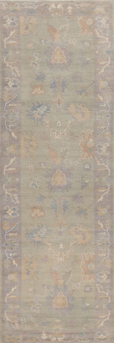 Vegetable Dye Green Oushak Turkish Runner Rug 3x12