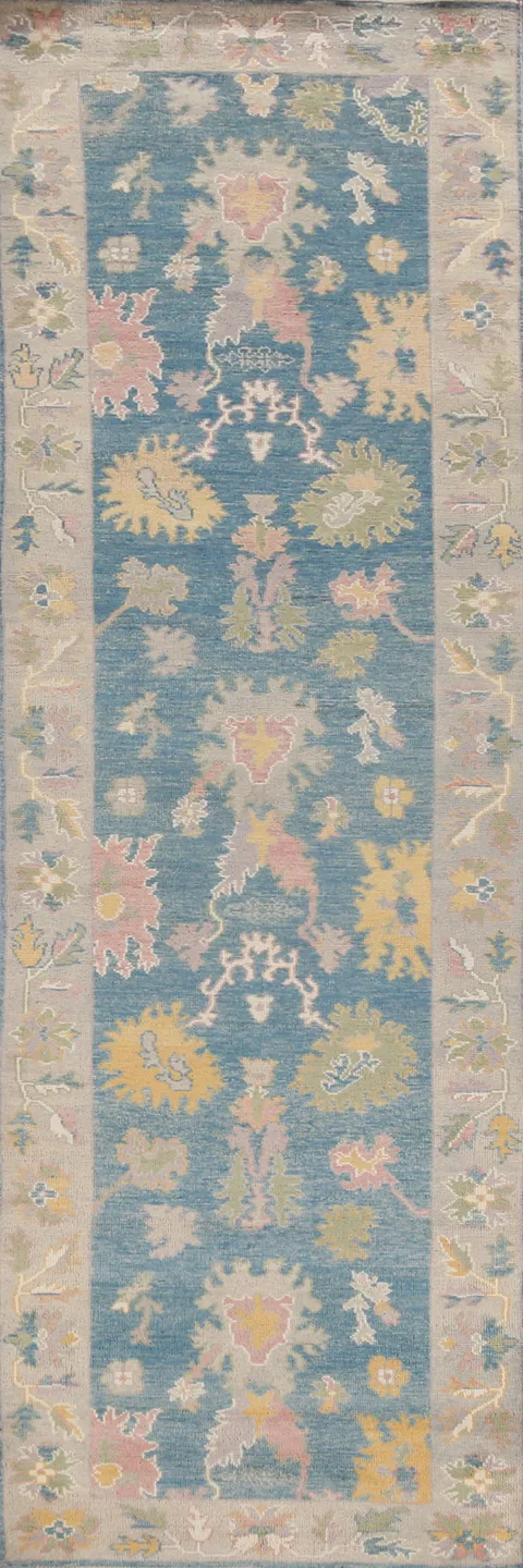 Vegetable Dye Blue Oushak Turkish Runner Rug 3x12