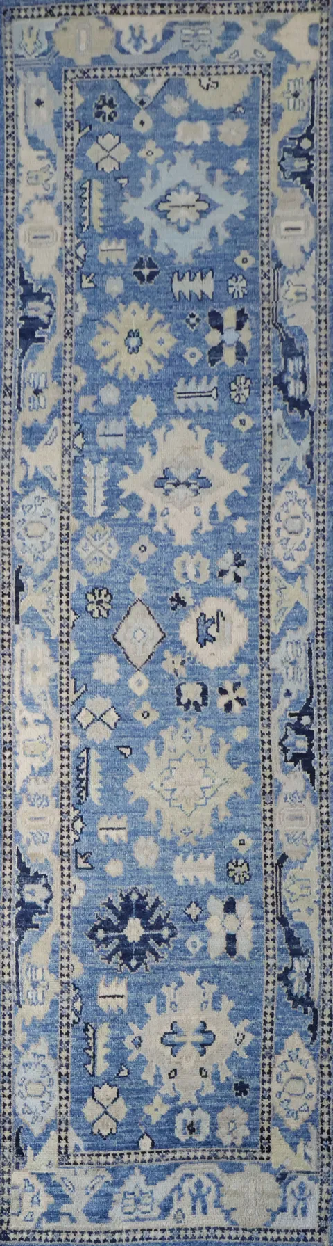 Traditional Azure and Cream Oushak Turkish Runner Rug for Hallways 3x10 ft