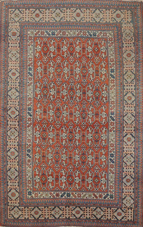 Antique Geometric Kazak Vegetable Dye Rug 4x5