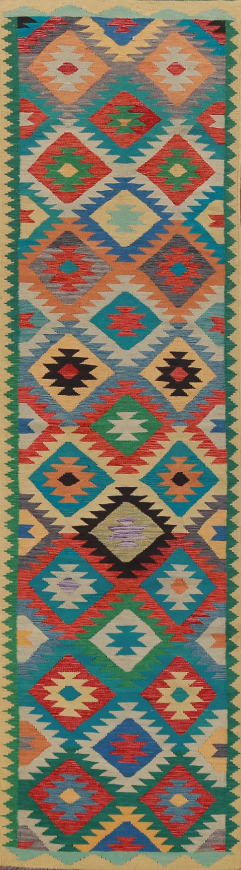 Geometric Wool Kilim Oriental Runner Rug 3x13
