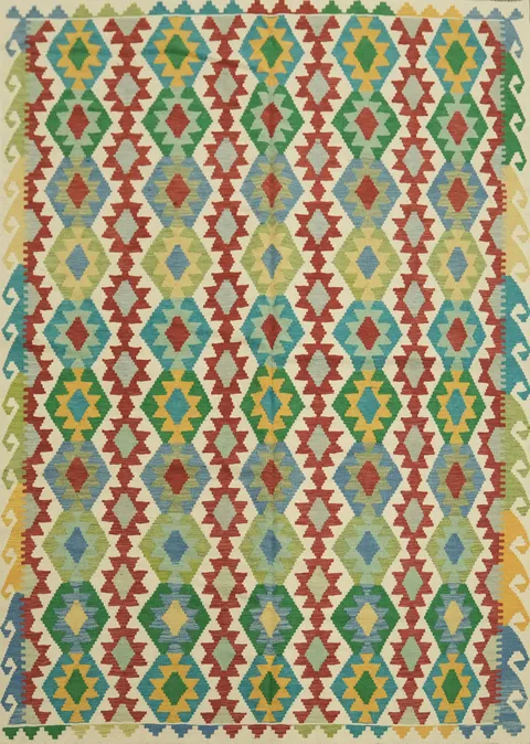 6'x8' Vibrant Geometric Kilim Rug with Multicolor Zigzag Patterns