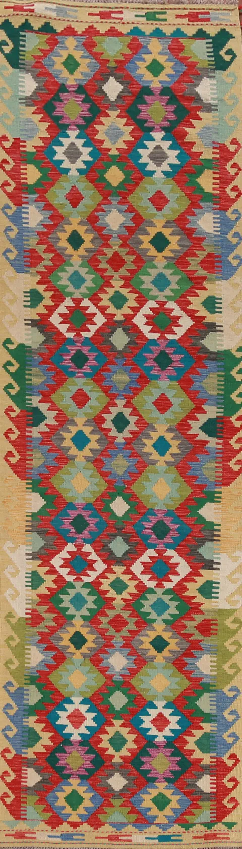 Geometric Wool Kilim Oriental Runner Rug 3x13