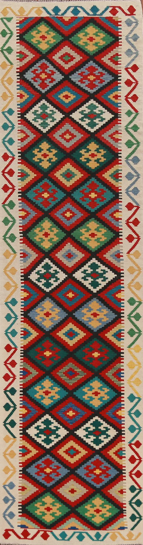 Geometric Wool Kilim Oriental Runner Rug 3x13