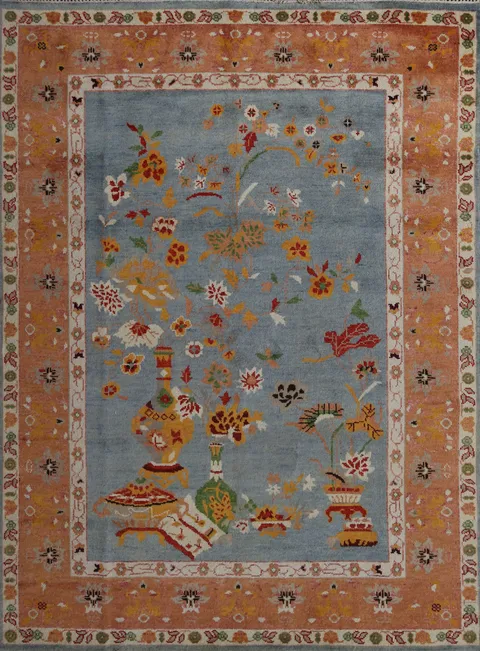 Handmade Blue Floral Art Deco Indian Area Rug 8x10