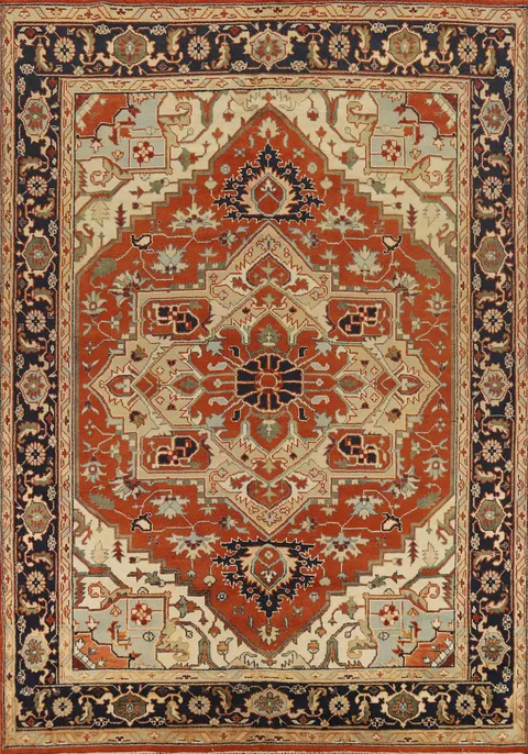 Orange Wool Geometric Heriz Serapi Indian Area Rug 9x12