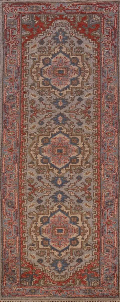 Geometric Wool Heriz Serapi Indian Runner Rug 3x8
