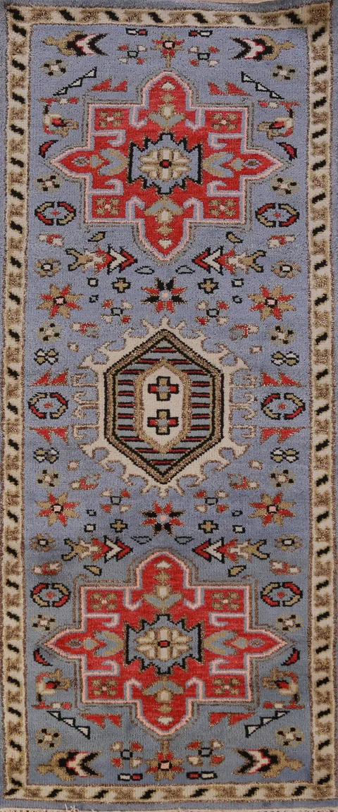 Blue Geometric Heriz Serapi Oriental Runner Rug 3x7