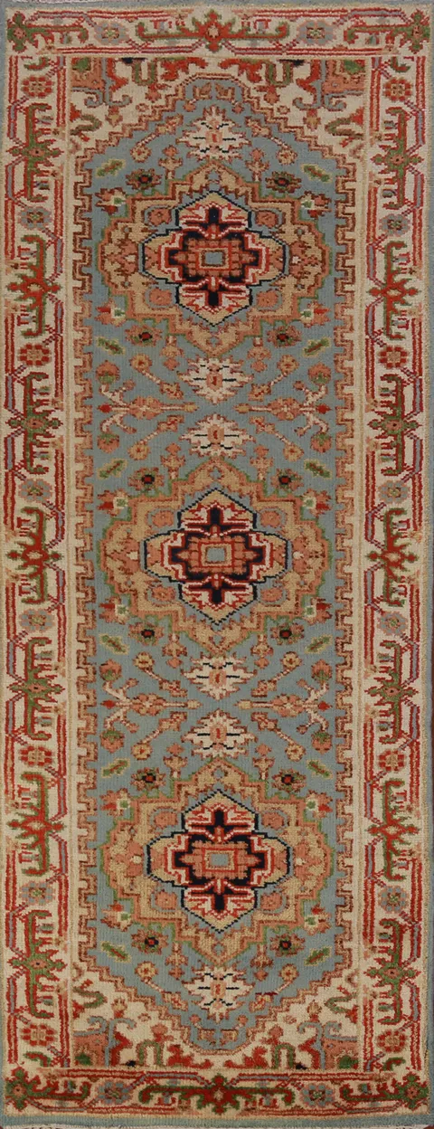 Light Blue Handmade Heriz Serapi Indian Runner Rug 3x8