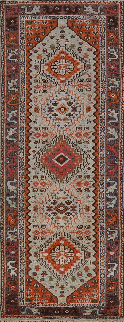 Aqua Wool Geometric Heriz Serapi Indian Runner Rug 3x8
