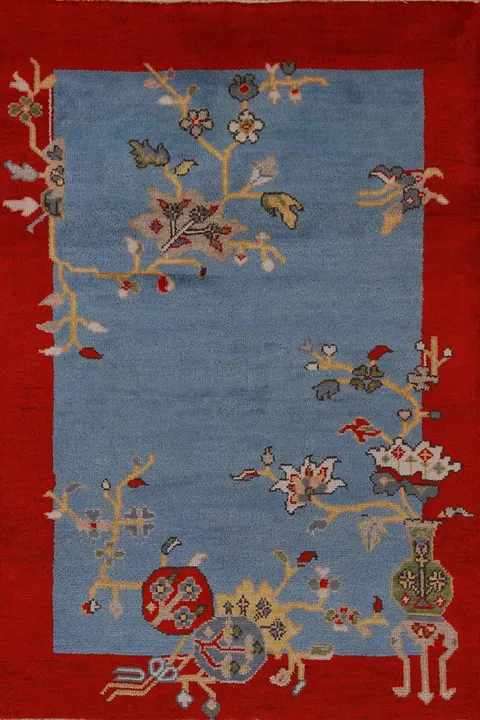 Blue Red Floral Art Deco Indian Accent Rug 4x6