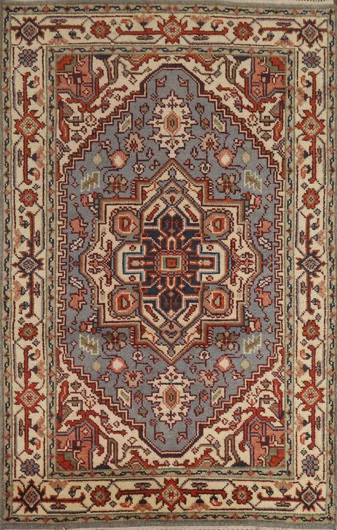 Light Blue Geometric Heriz Serapi Indian Rug 4x6