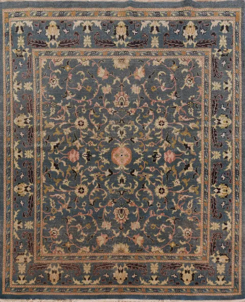 Square Floral Blue Oushak Vegetable Dye Area Rug 5x5