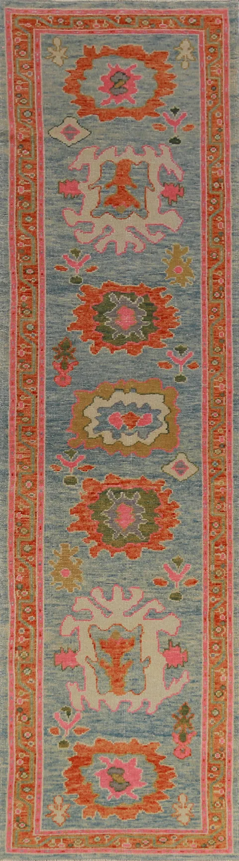 Handmade Blue Floral Oushak Vegetable Dye Runner Rug 3x13