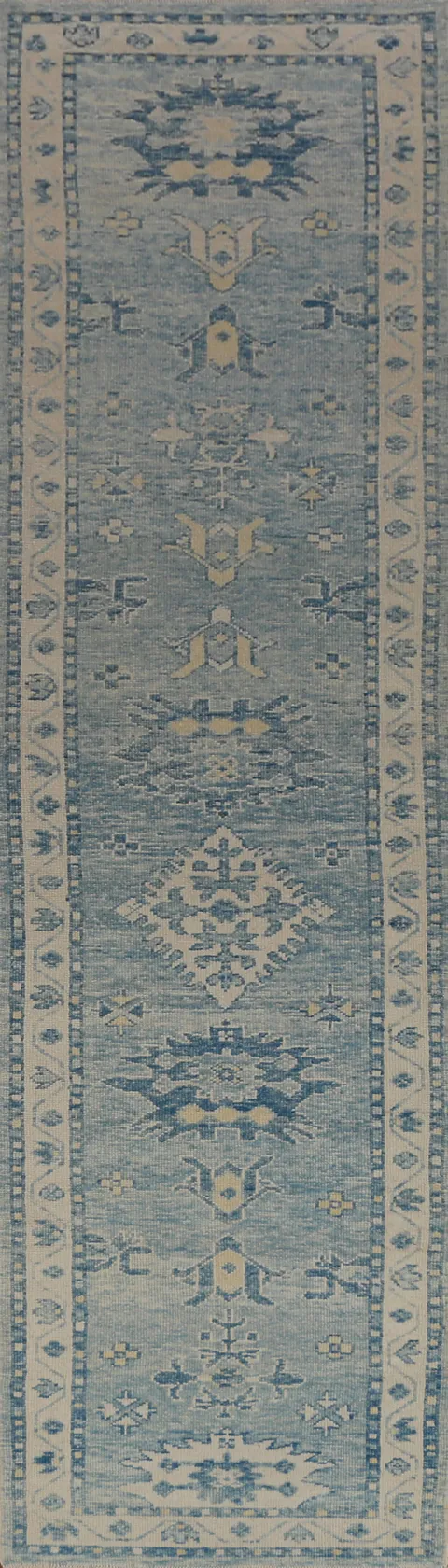 Handmade Blue Oushak Vegetable Dye Runner Rug 3x14