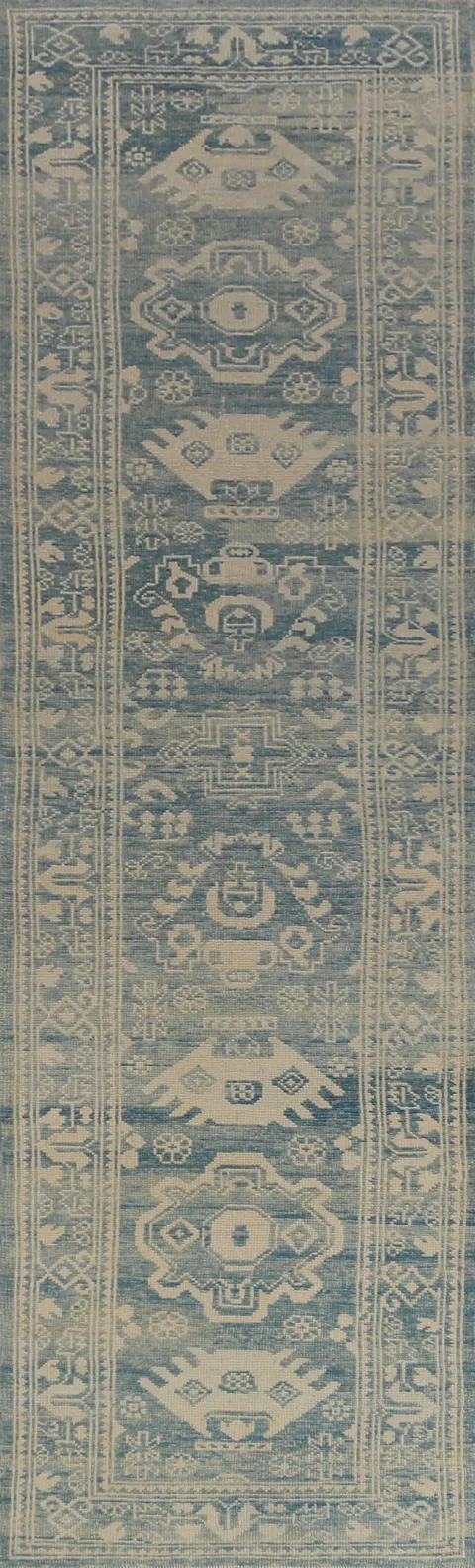 Blue Geometric Oushak Vegetable Dye Runner Rug 3x14