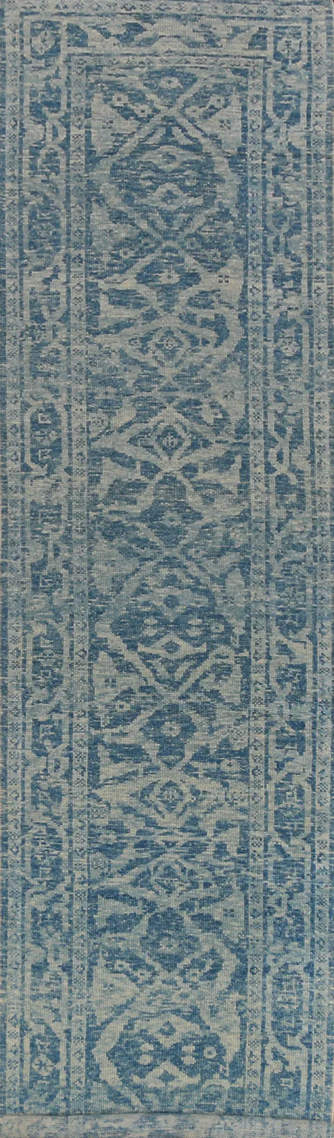 Vegetable Dye Blue Oushak Turkish Runner Rug 3x17