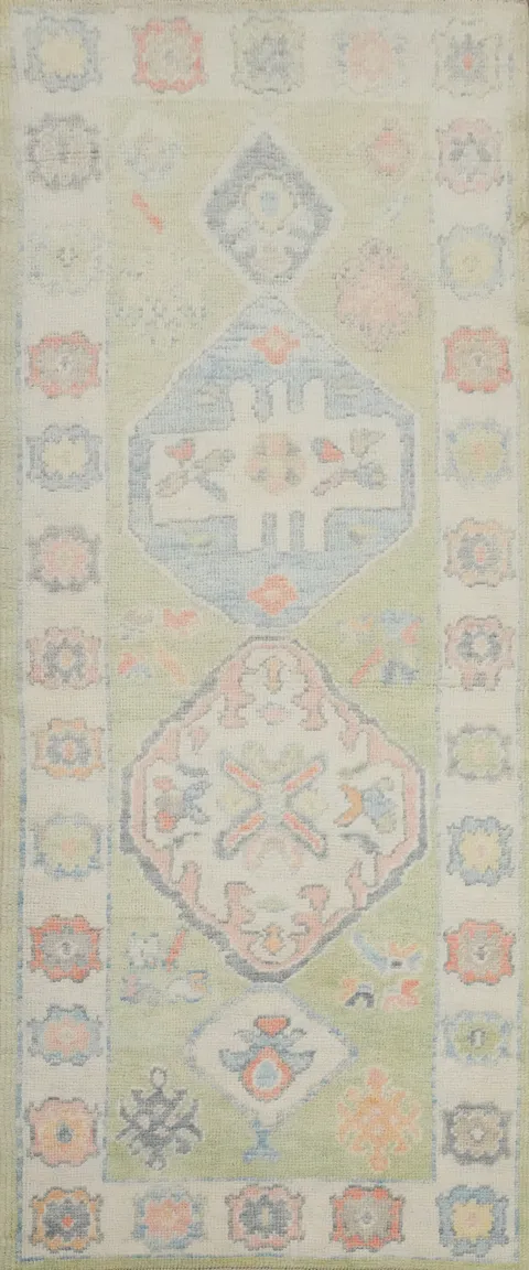 Handmade Green Oushak Vegetable Dye Runner Rug 3x8